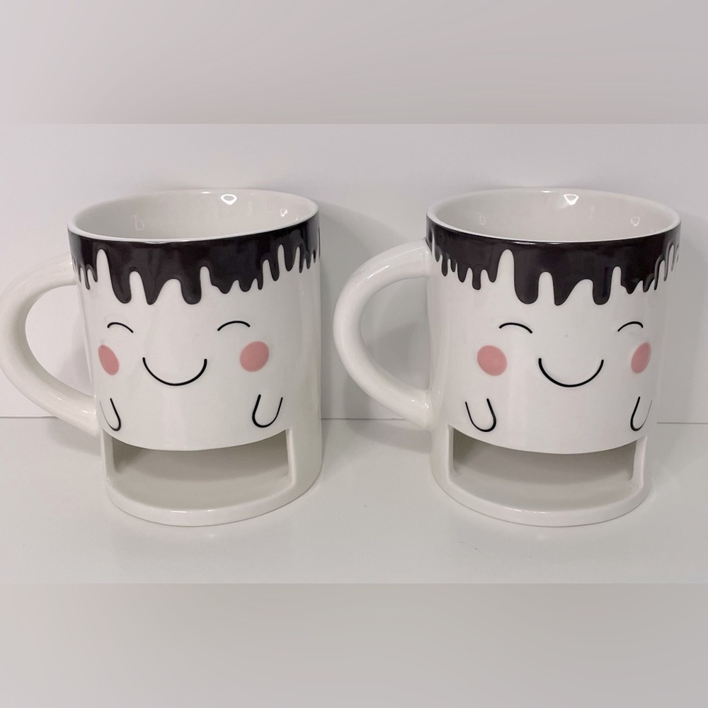 2 Indigo Ceramic Hot Chocolate Mugs with Cookie Slot